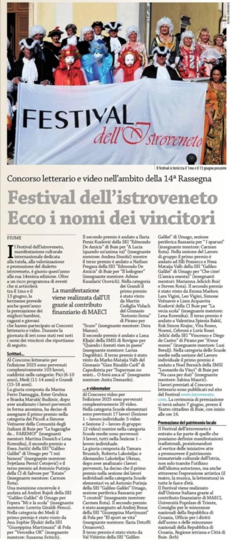 PRIMO POSTO AL FESTIVAL DELL’ISTROVENETO